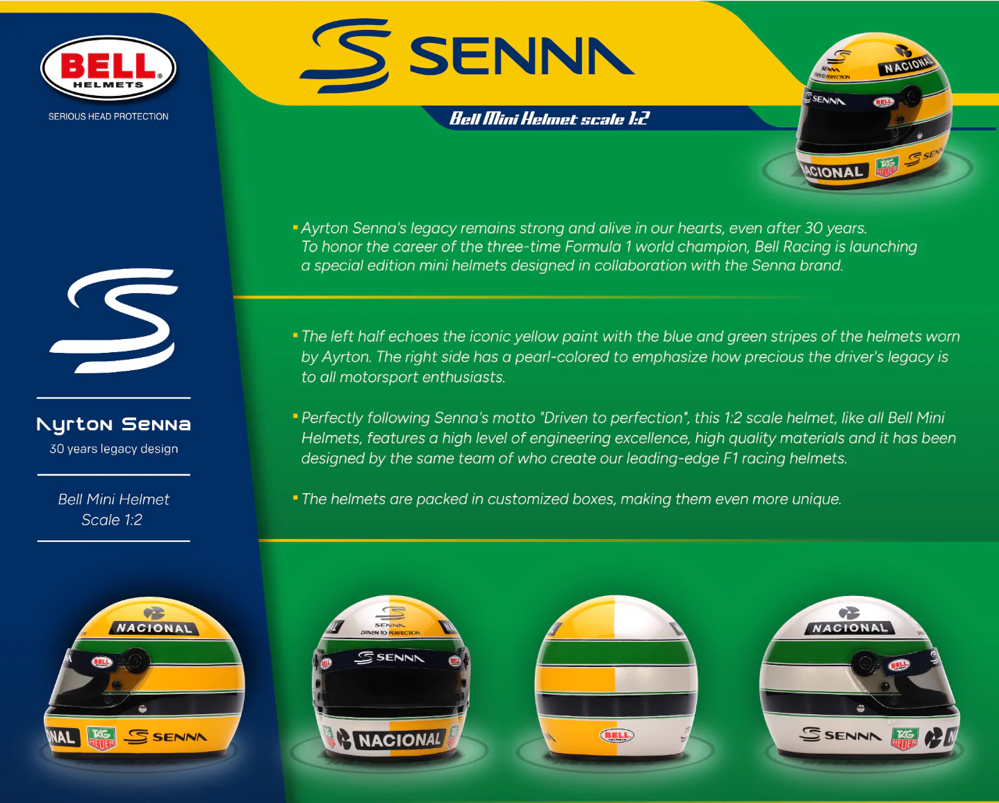Bell Ayrton Senna 30 Year Legacy 1:2 Scale F1 Mini Helmet | Yellow & Pearl Liveries - Image 8