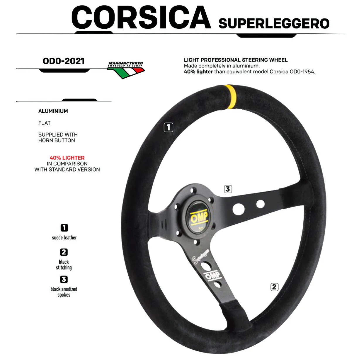 OMP Corsica Superleggero Steering Wheel – 350mm Diameter Black Suede - Image 2